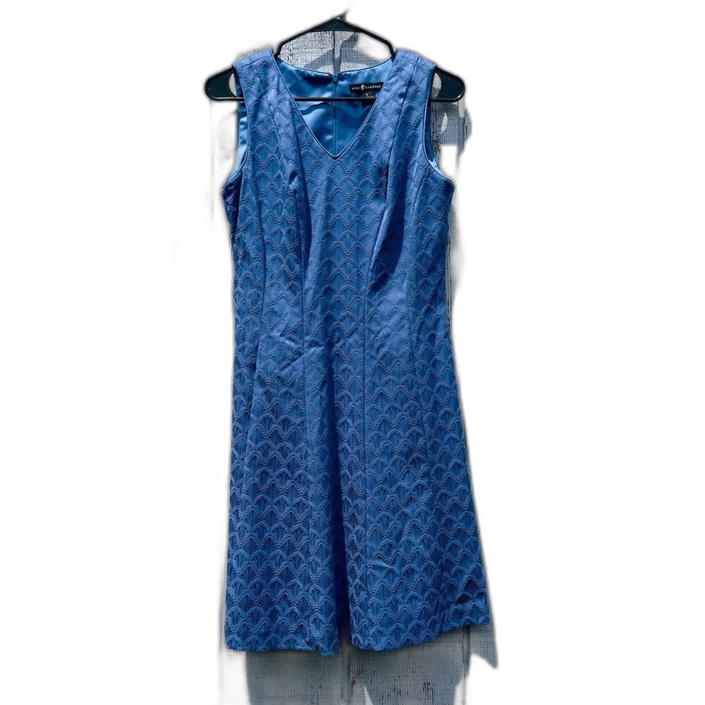 Nora Gardner Blue Geometric Jacquard Sheath Dress Textured V-Neck Corporate 4